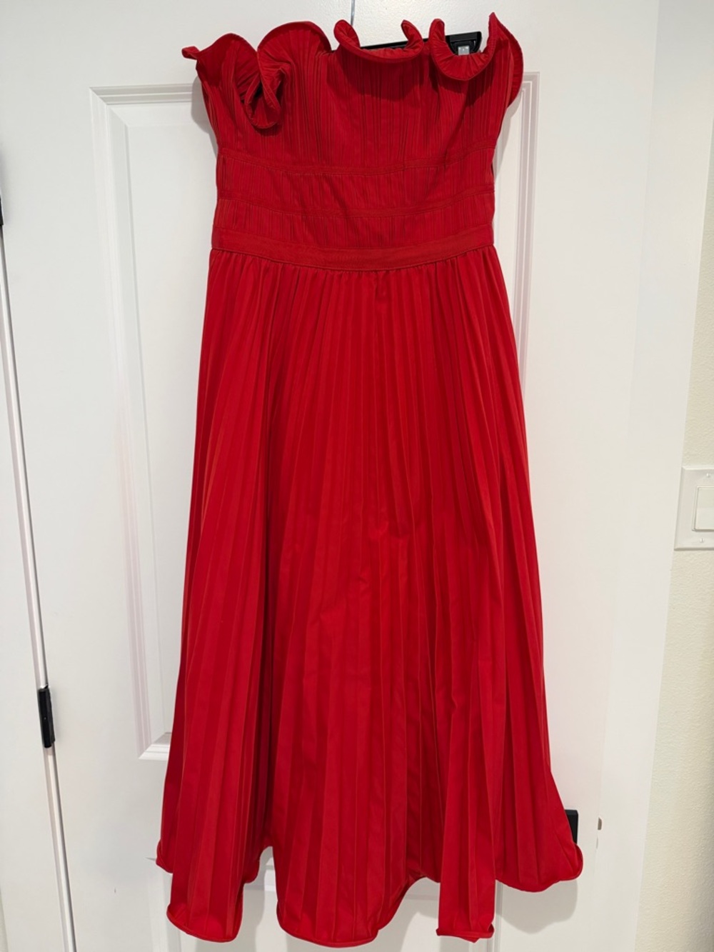Moon River Red Pleated Midi Dress with Ruffle Bodice